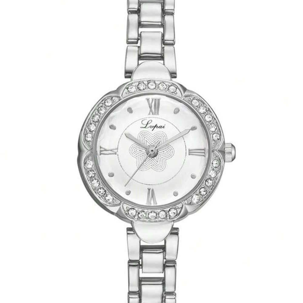 Luxury 2 Pc Quartz Lupai Watch Women Silver Rhinestone Bracelet Watch Jewelry